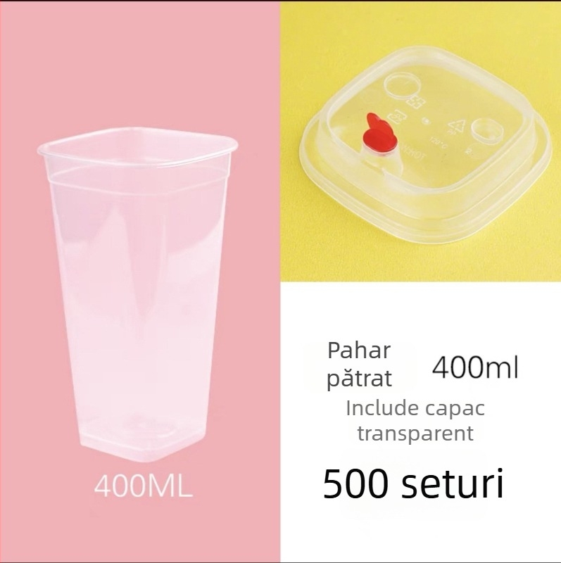 Pahar pătrat de unică folosință pentru ceai cu lapte, capac, logo personalizabil, ceai de lămâie, 400/500/600 ml