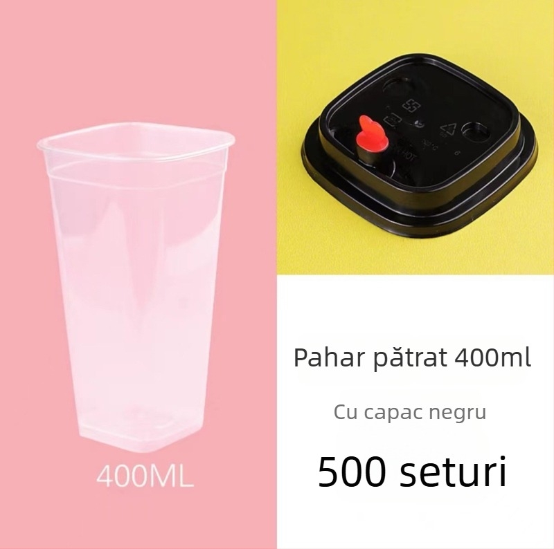 Pahar pătrat de unică folosință pentru ceai cu lapte, capac, logo personalizabil, ceai de lămâie, 400/500/600 ml
