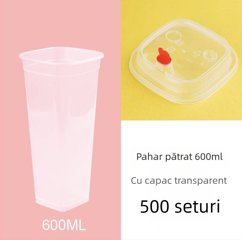 Pahar pătrat de unică folosință pentru ceai cu lapte, capac, logo personalizabil, ceai de lămâie, 400/500/600 ml