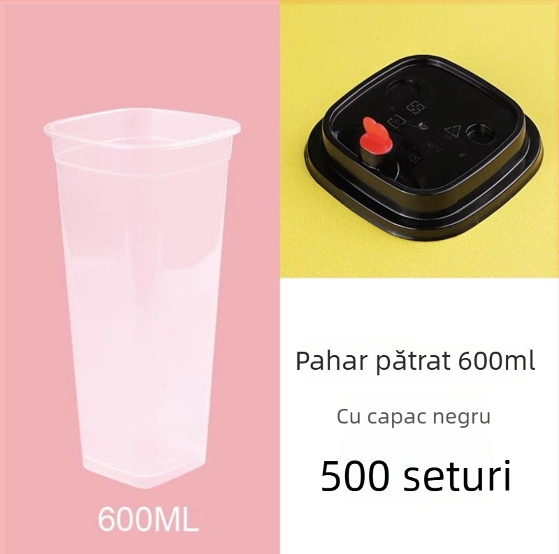 Pahar pătrat de unică folosință pentru ceai cu lapte, capac, logo personalizabil, ceai de lămâie, 400/500/600 ml