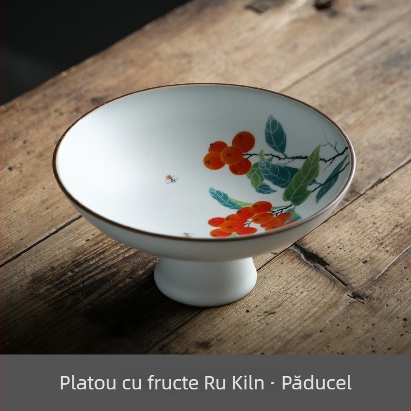 Farfurie mare din ceramică Ru kiln, cu picioare înalte, pentru prăjituri și fructe, stil chinezesc