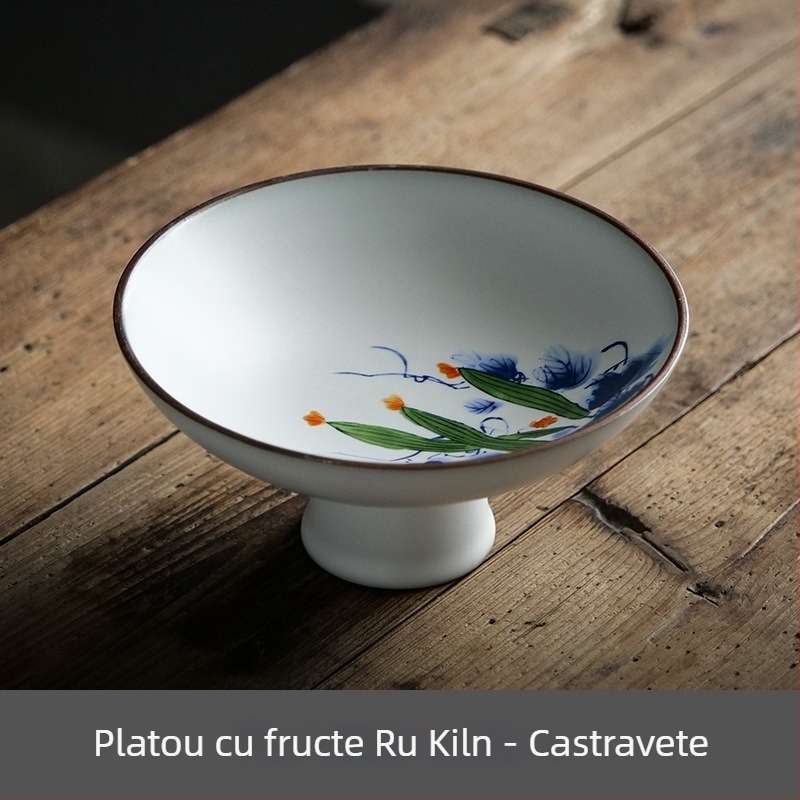Farfurie mare din ceramică Ru kiln, cu picioare înalte, pentru prăjituri și fructe, stil chinezesc