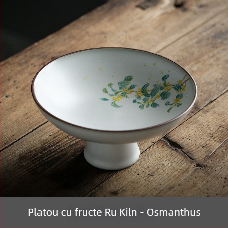 Farfurie mare din ceramică Ru kiln, cu picioare înalte, pentru prăjituri și fructe, stil chinezesc