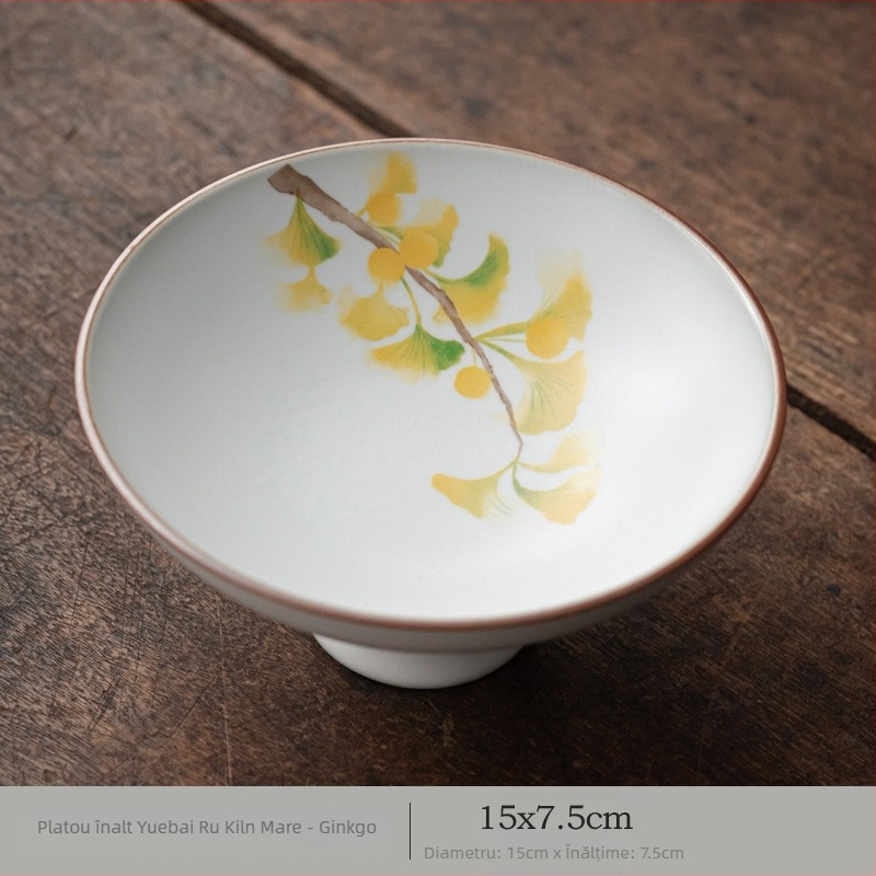 Farfurie mare din ceramică Ru kiln, cu picioare înalte, pentru prăjituri și fructe, stil chinezesc