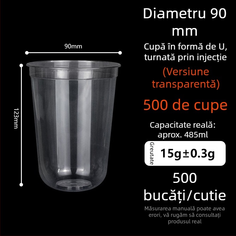 Ding Shan pahar plastic de unică folosință în formă de U, pentru ceai cu lapte, sucuri și băuturi, turnare prin injecție, capacitate 500–700 ml, imprimare logo personalizată