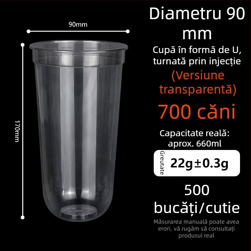 Ding Shan pahar plastic de unică folosință în formă de U, pentru ceai cu lapte, sucuri și băuturi, turnare prin injecție, capacitate 500–700 ml, imprimare logo personalizată