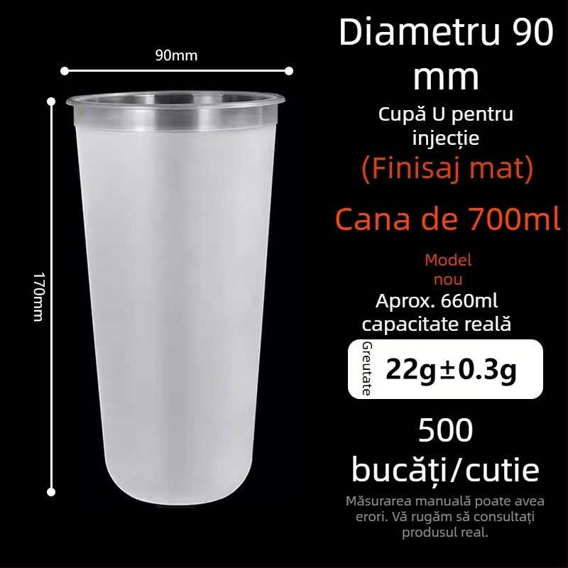 Ding Shan pahar plastic de unică folosință în formă de U, pentru ceai cu lapte, sucuri și băuturi, turnare prin injecție, capacitate 500–700 ml, imprimare logo personalizată