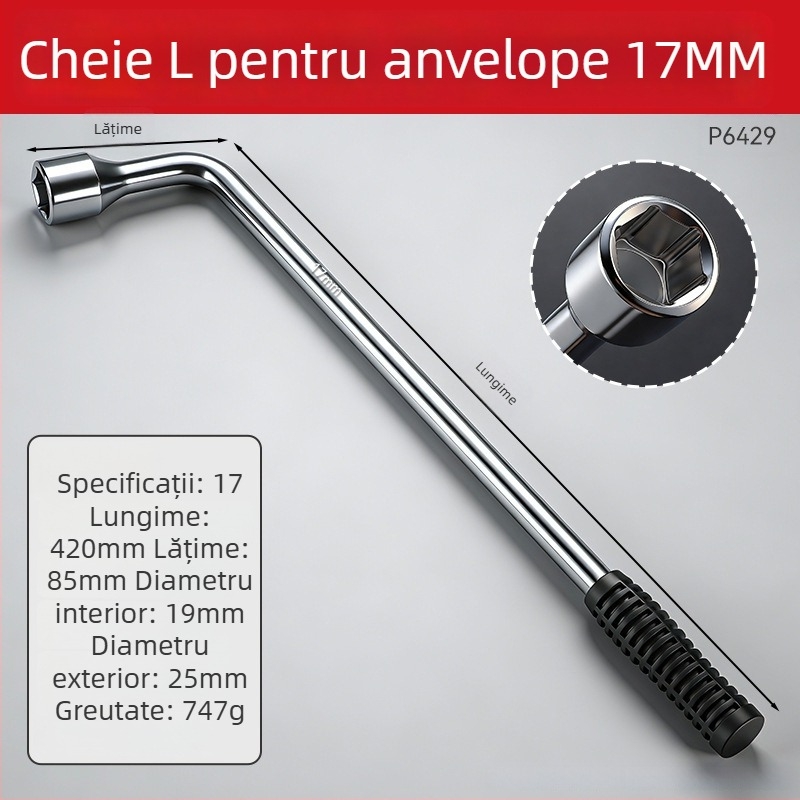 Cheie încrucișată pentru roți, prelungită, robustă, în formă de L, pentru autoturisme