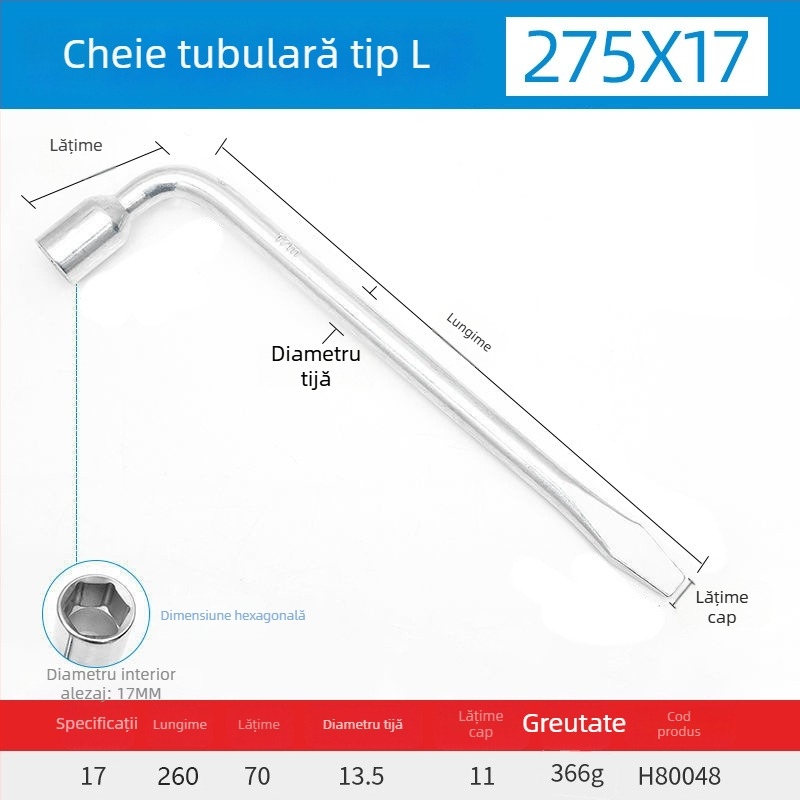 Cheie încrucișată pentru roți, prelungită, robustă, în formă de L, pentru autoturisme