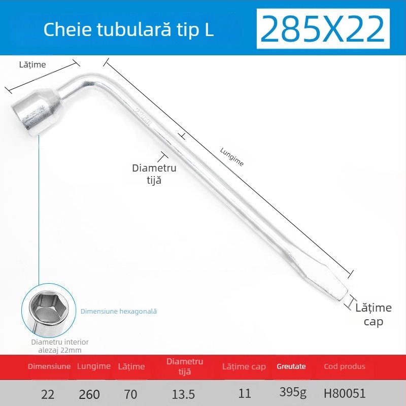 Cheie încrucișată pentru roți, prelungită, robustă, în formă de L, pentru autoturisme