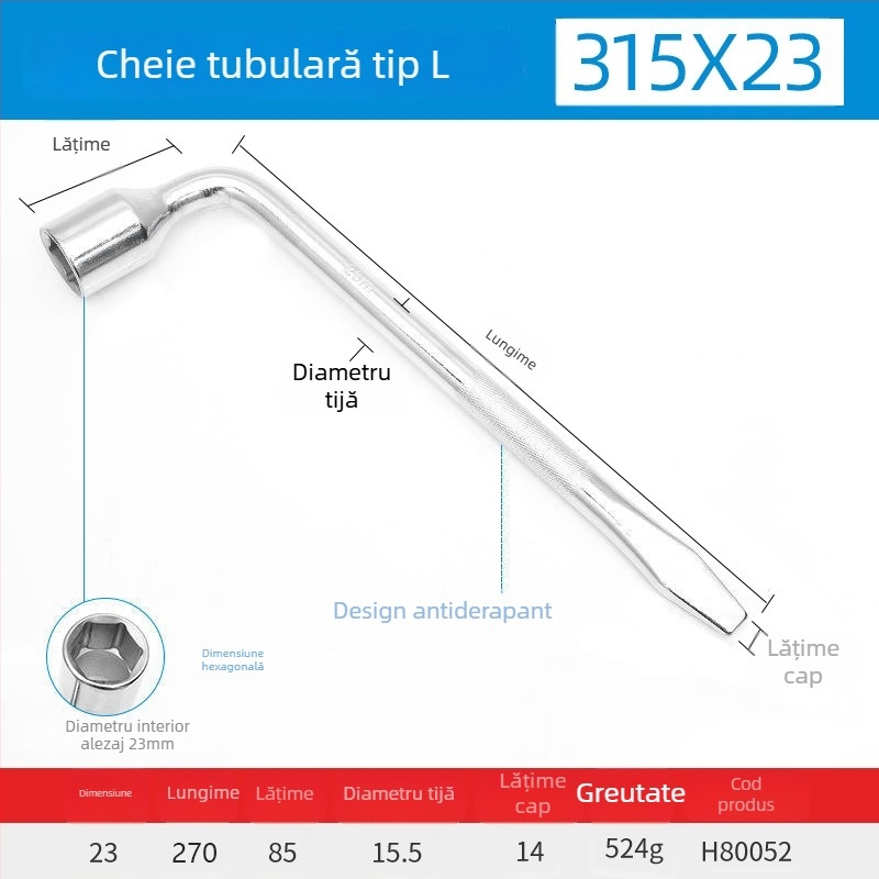 Cheie încrucișată pentru roți, prelungită, robustă, în formă de L, pentru autoturisme