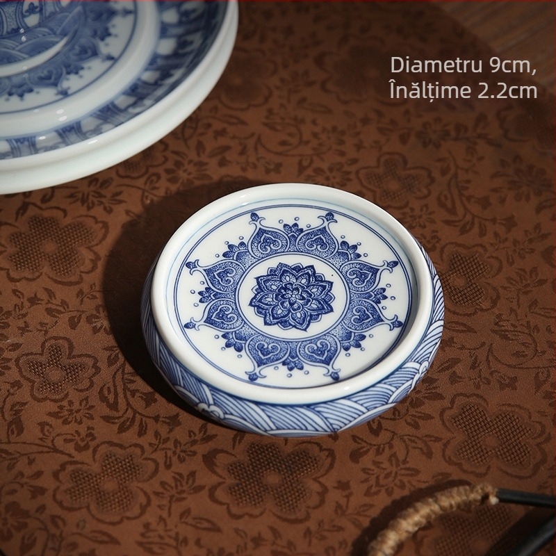 Suport de ceai și accesorii Gongfu: capac de ceainic din ceramică, capac pentru bol, măsuță mică de ceai din ceramică, suport pentru ceașcă din porțelan albastru-alb, suport pentru ceainic