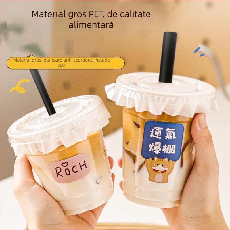 Ceașă de cafea din plastic PET îngroșat, cu capac, pentru ceai cu lămâie, ceai cu lapte și băuturi reci; pentru acasă, birou sau stand