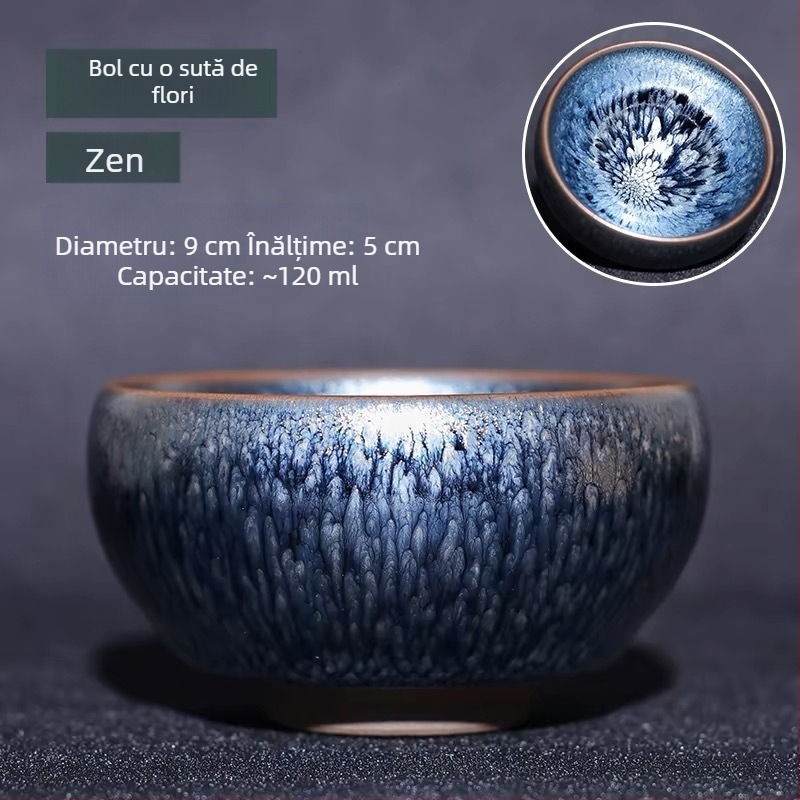 Ceașcă de ceai Jianyang Jianyao – Hundred Flowers Blue Kirin Gold, Jian Zhan Master Cup, Oil-Drop Peony Pair Cup