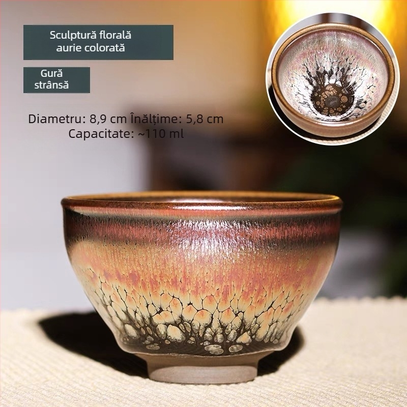 Ceașcă de ceai Jianyang Jianyao – Hundred Flowers Blue Kirin Gold, Jian Zhan Master Cup, Oil-Drop Peony Pair Cup