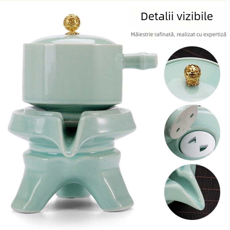 Set ceai Celadon cu ceainic din piatră și cești Kung Fu, aparat semi-automat pentru prepararea ceaiului