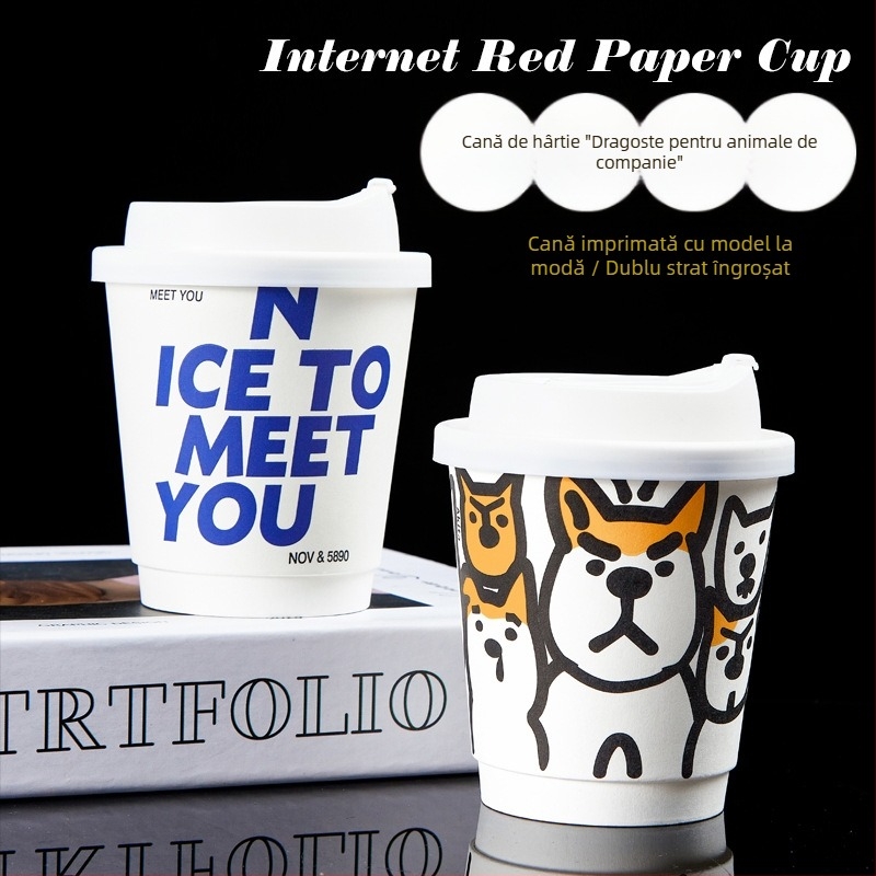 Cupe de hârtie de unică folosință cu capac, pereți dubli - pentru băuturi la pachet: cafea, ceai cu lapte și lapte de soia, 301-400 ml