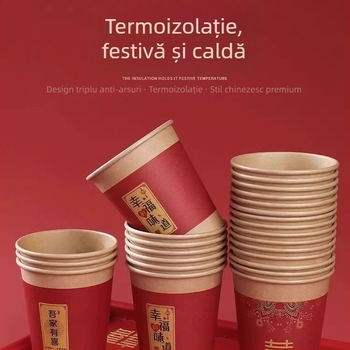 Cupe de hârtie pentru nuntă, de unică folosință, îngroșate pentru sărbători, roșii, cu simbolul fericirii duble, cești de ceai, set de accesorii pentru nuntă