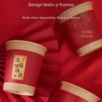 Cupe de hârtie pentru nuntă, de unică folosință, îngroșate pentru sărbători, roșii, cu simbolul fericirii duble, cești de ceai, set de accesorii pentru nuntă