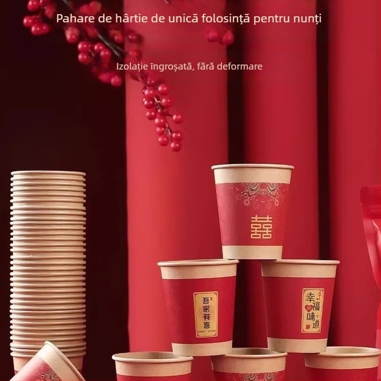 Cupe de hârtie pentru nuntă, de unică folosință, îngroșate pentru sărbători, roșii, cu simbolul fericirii duble, cești de ceai, set de accesorii pentru nuntă