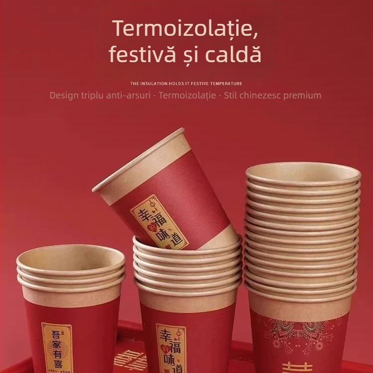 Cupe de hârtie pentru nuntă, de unică folosință, îngroșate pentru sărbători, roșii, cu simbolul fericirii duble, cești de ceai, set de accesorii pentru nuntă