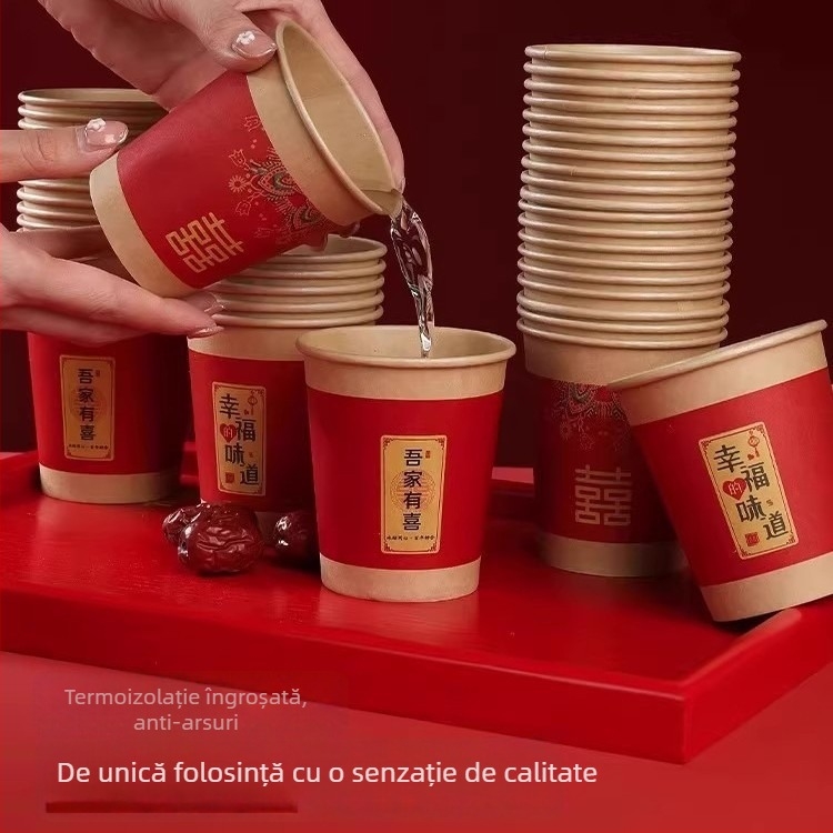 Cupe de hârtie pentru nuntă, de unică folosință, îngroșate pentru sărbători, roșii, cu simbolul fericirii duble, cești de ceai, set de accesorii pentru nuntă