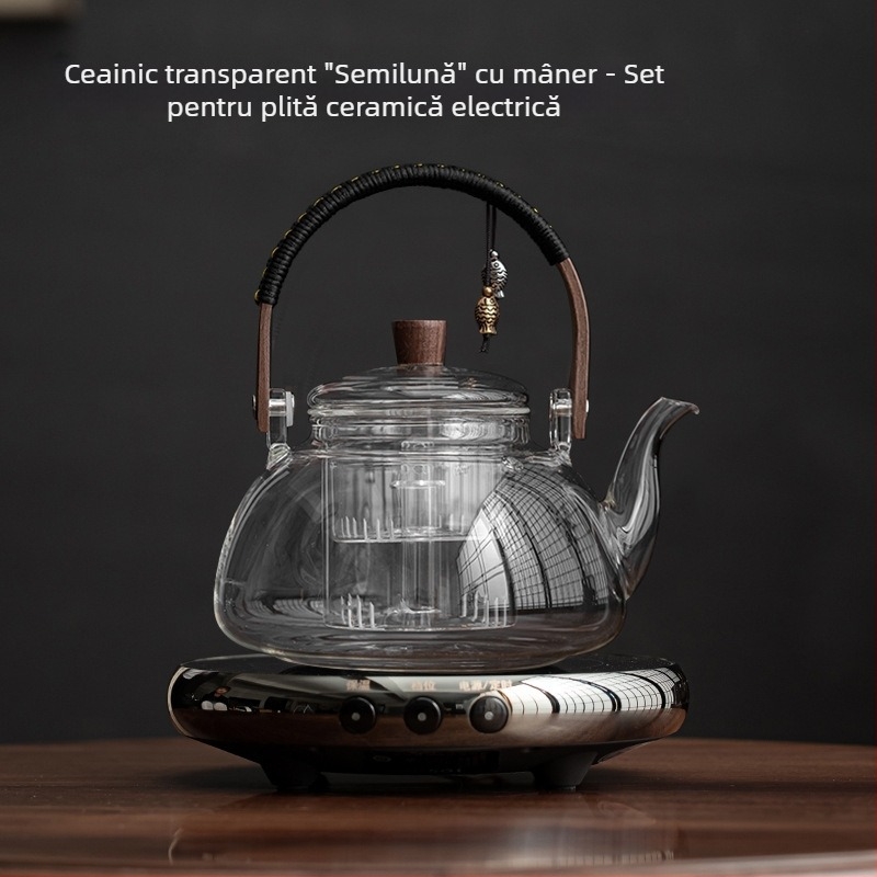 Ceainic din sticlă cu mâner arcuit, pentru aburire și fierbere, utilizare în birou, compatibil cu plita ceramică electrică