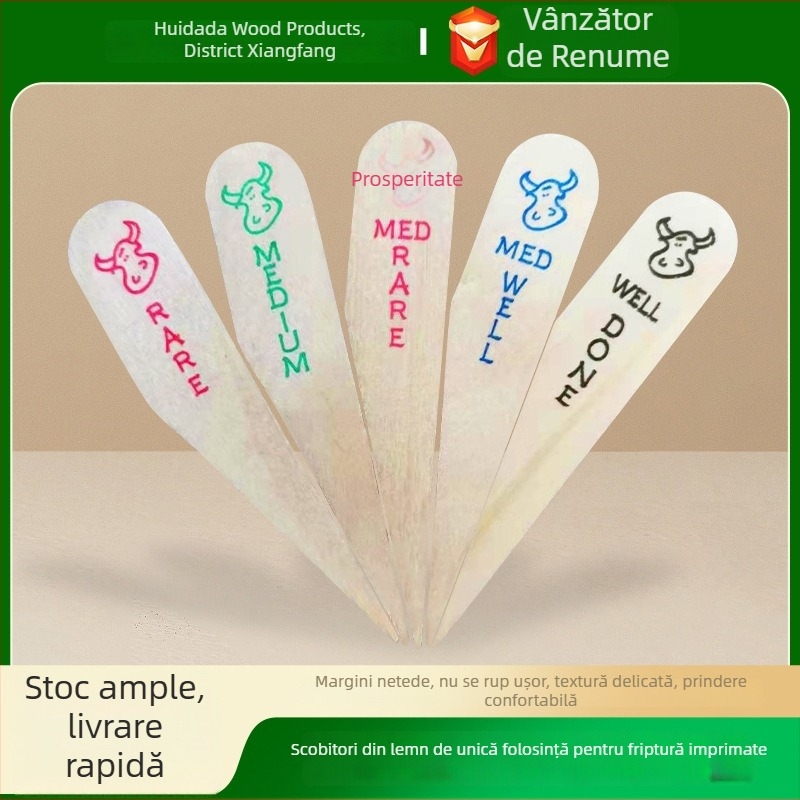 Bețe de frigărui pentru carne cu marcaje de maturitate și furculițe din lemn de unică folosință cu logo color imprimat, 100 bucăți