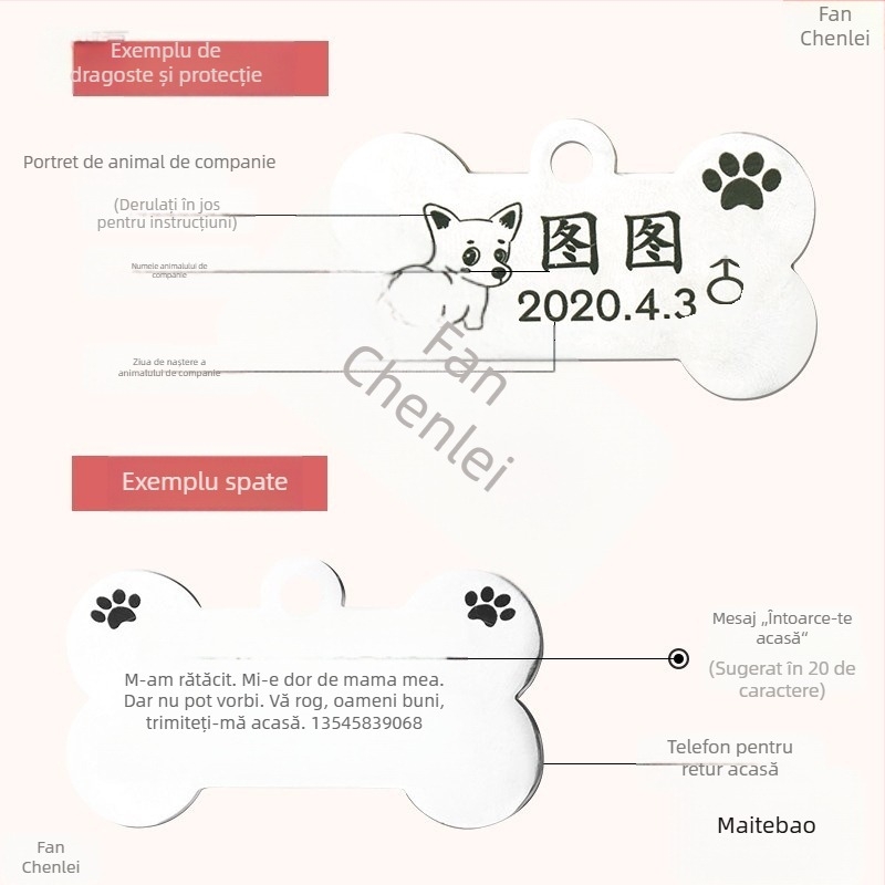 Tag de identificare pentru câine, gravat, cu clopoțel