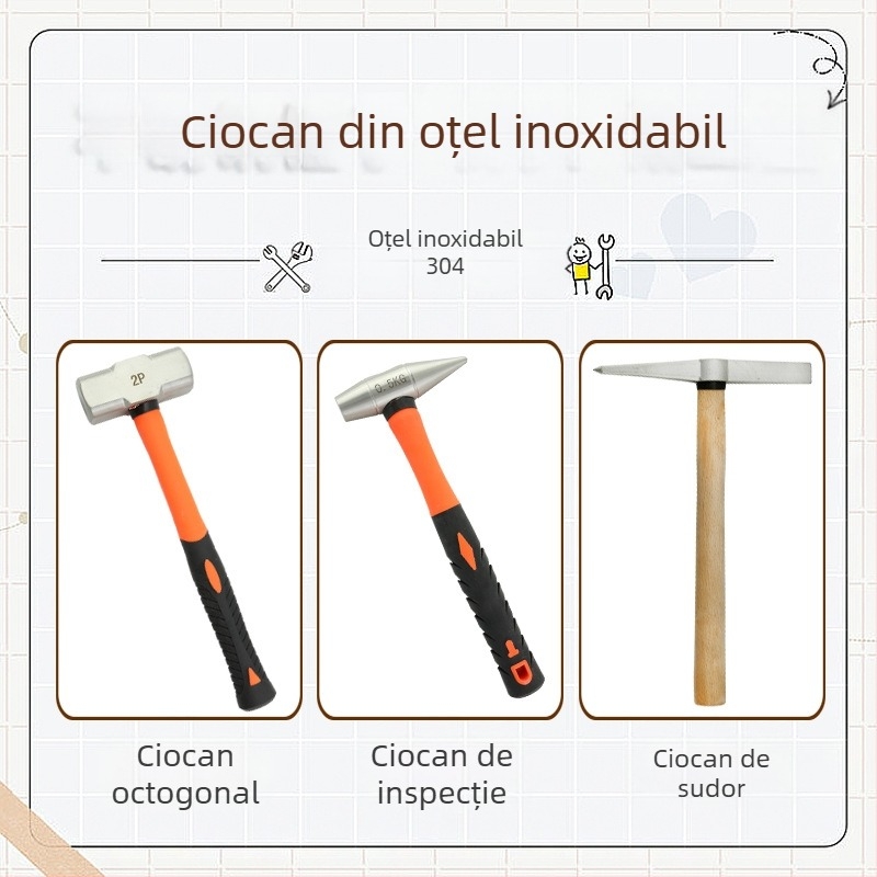 5051 Bofang Nipple Hammer din oțel inoxidabil 304, nemagnetic, 2 lb–2,5 lb, mâner din lemn sau cauciuc, cap rotund