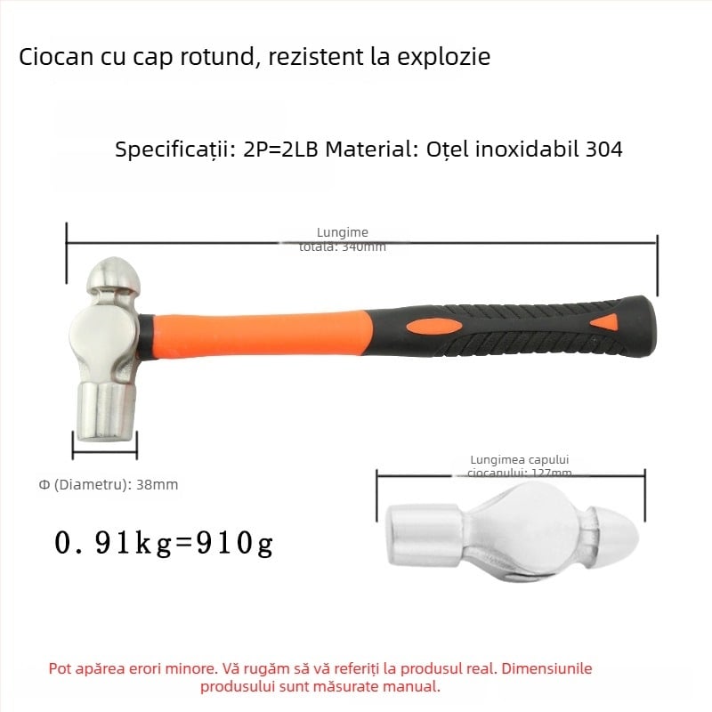 5051 Bofang Nipple Hammer din oțel inoxidabil 304, nemagnetic, 2 lb–2,5 lb, mâner din lemn sau cauciuc, cap rotund