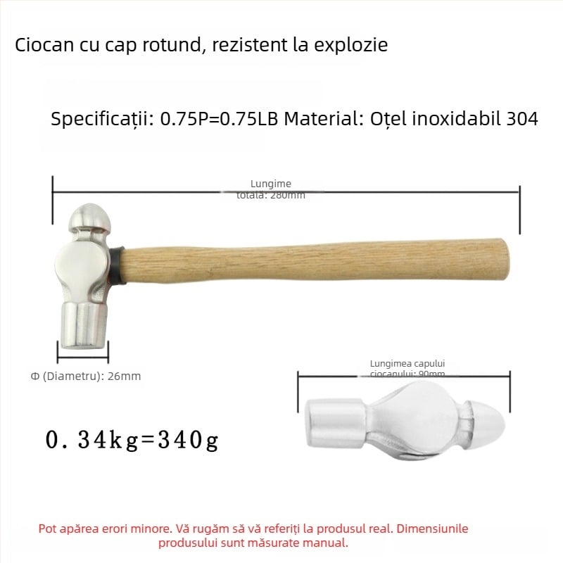 5051 Bofang Nipple Hammer din oțel inoxidabil 304, nemagnetic, 2 lb–2,5 lb, mâner din lemn sau cauciuc, cap rotund