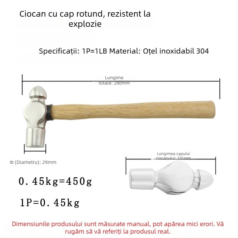 5051 Bofang Nipple Hammer din oțel inoxidabil 304, nemagnetic, 2 lb–2,5 lb, mâner din lemn sau cauciuc, cap rotund