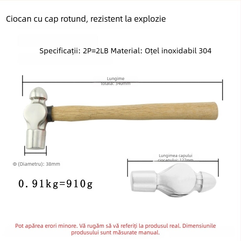5051 Bofang Nipple Hammer din oțel inoxidabil 304, nemagnetic, 2 lb–2,5 lb, mâner din lemn sau cauciuc, cap rotund