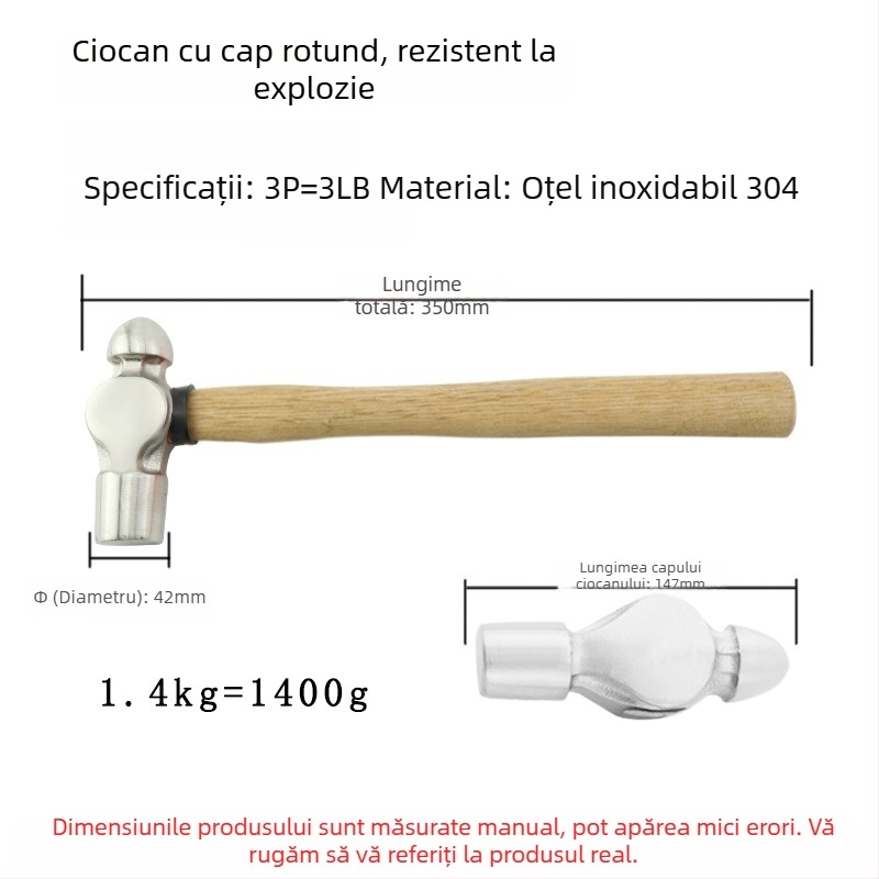 5051 Bofang Nipple Hammer din oțel inoxidabil 304, nemagnetic, 2 lb–2,5 lb, mâner din lemn sau cauciuc, cap rotund
