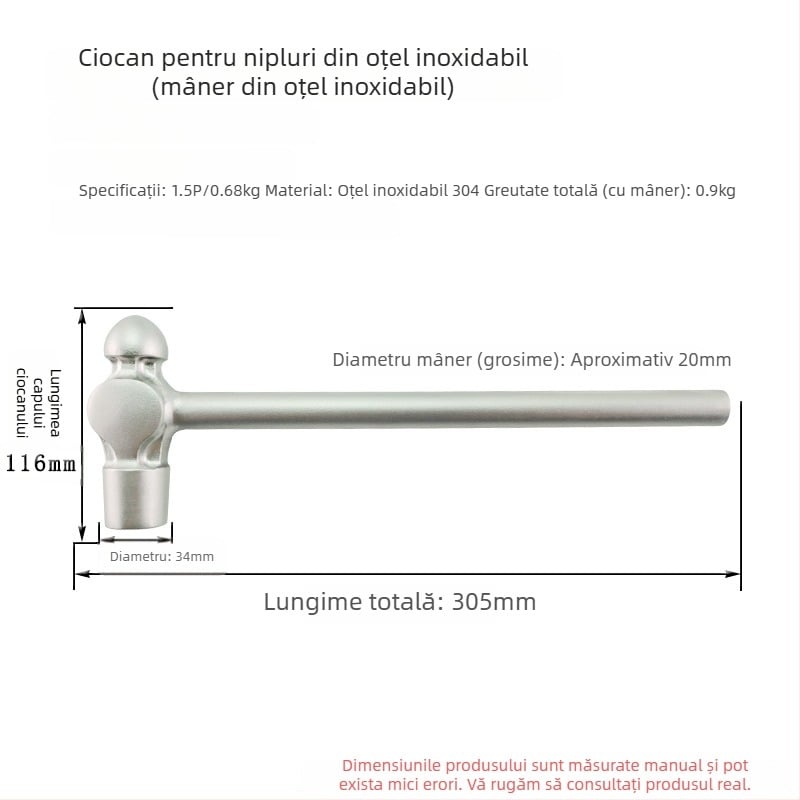5051 Bofang Nipple Hammer din oțel inoxidabil 304, nemagnetic, 2 lb–2,5 lb, mâner din lemn sau cauciuc, cap rotund
