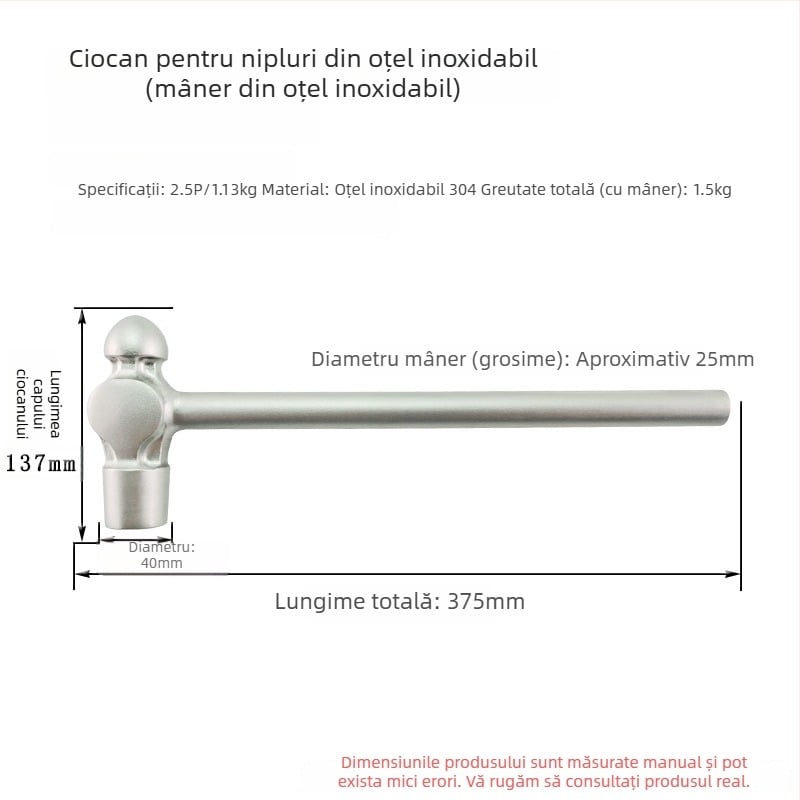 5051 Bofang Nipple Hammer din oțel inoxidabil 304, nemagnetic, 2 lb–2,5 lb, mâner din lemn sau cauciuc, cap rotund