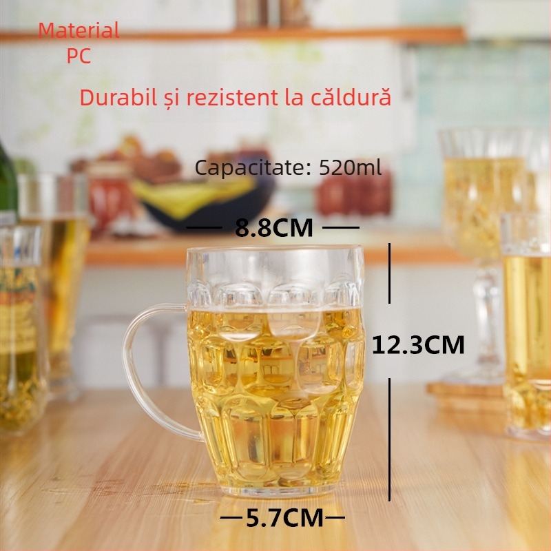 Pahar PC pentru bere la halbă cu mâner, acrilic, capacitate mare, pahar din plastic pentru sucuri și băuturi reci, design ananas