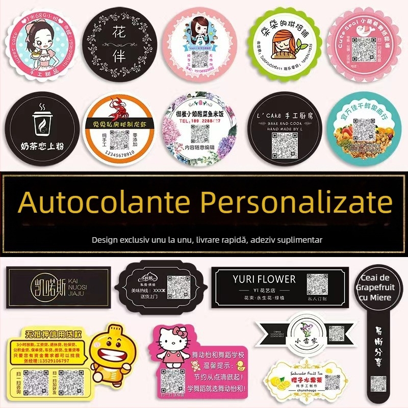 Etichete autocolante adezive personalizate cu QR – etichete PVC transparente, colorate, cu desene animate pentru cafea, comandă urgentă