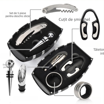 Set de accesorii pentru vin, în formă de butoi, cu deschizător de sticle, dop, tăietor de folie și cuțit