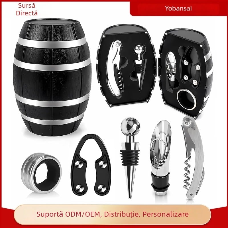 Set de accesorii pentru vin, în formă de butoi, cu deschizător de sticle, dop, tăietor de folie și cuțit