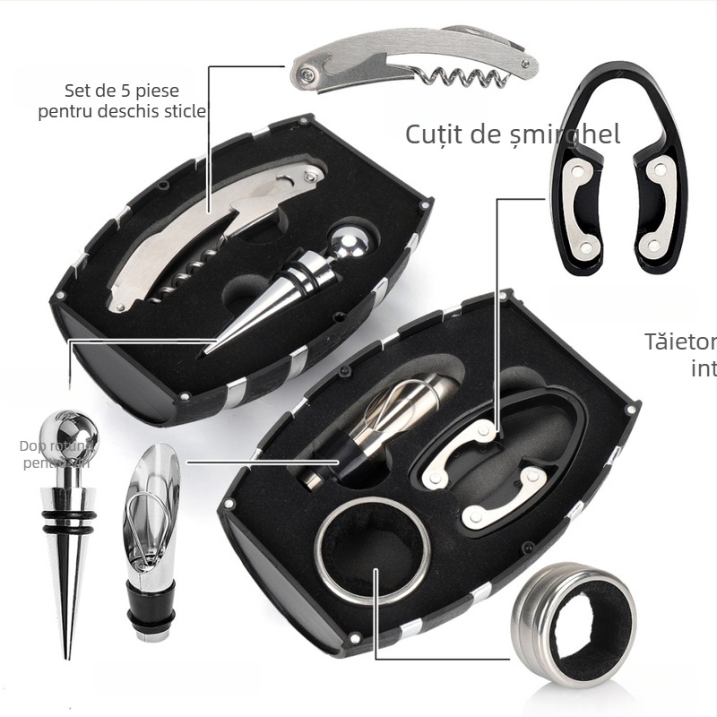 Set de accesorii pentru vin, în formă de butoi, cu deschizător de sticle, dop, tăietor de folie și cuțit