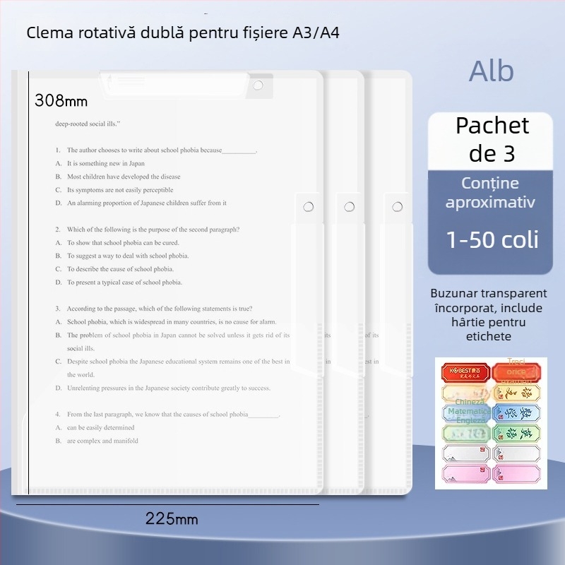 A3 clip dublu rotativ pentru hârtie, dosar A4 pentru depozitare foi, cu închidere laterală