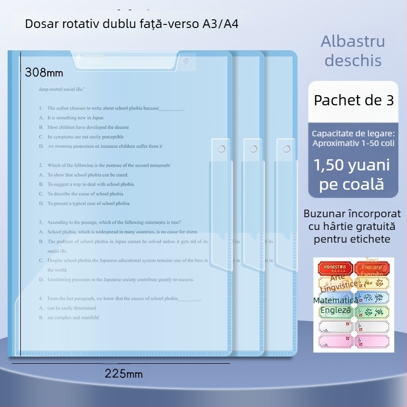 A3 clip dublu rotativ pentru hârtie, dosar A4 pentru depozitare foi, cu închidere laterală