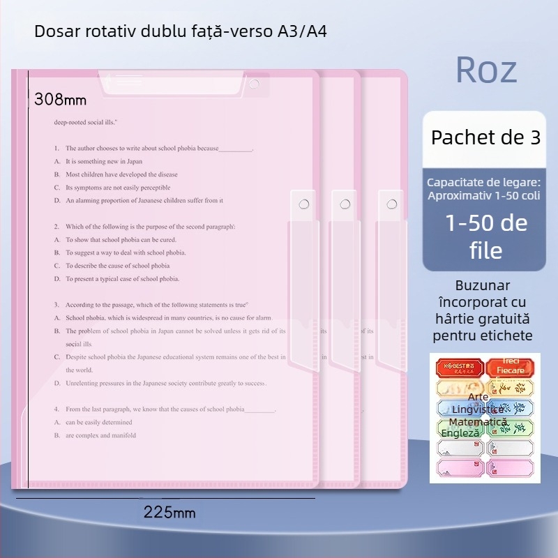 A3 clip dublu rotativ pentru hârtie, dosar A4 pentru depozitare foi, cu închidere laterală