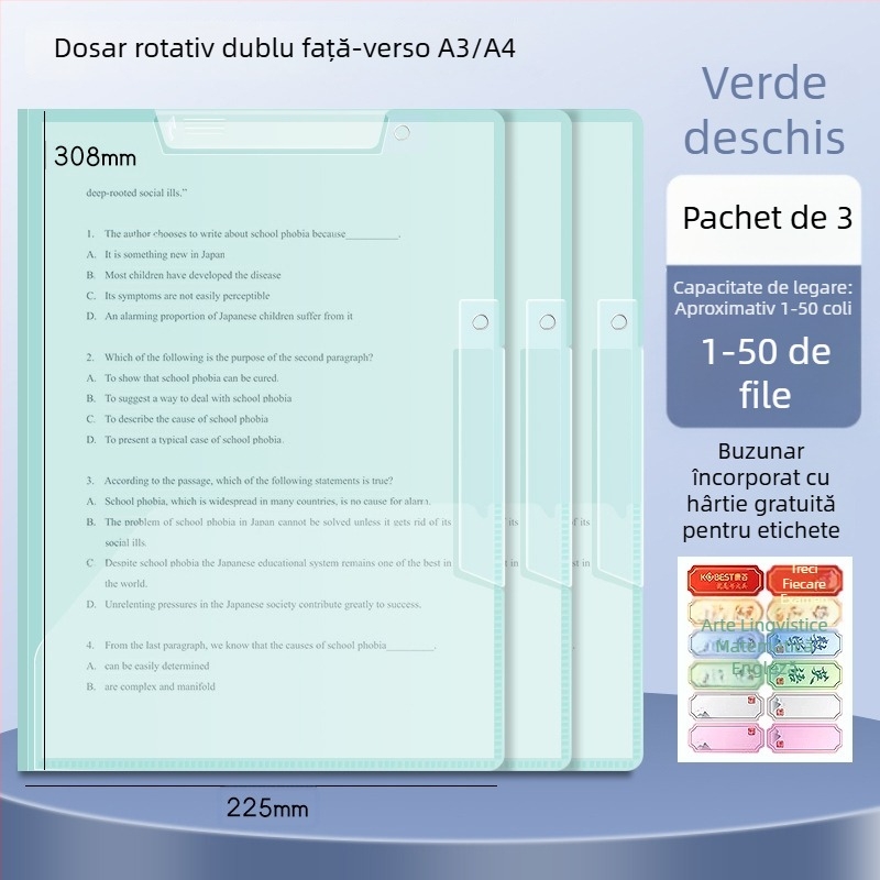A3 clip dublu rotativ pentru hârtie, dosar A4 pentru depozitare foi, cu închidere laterală