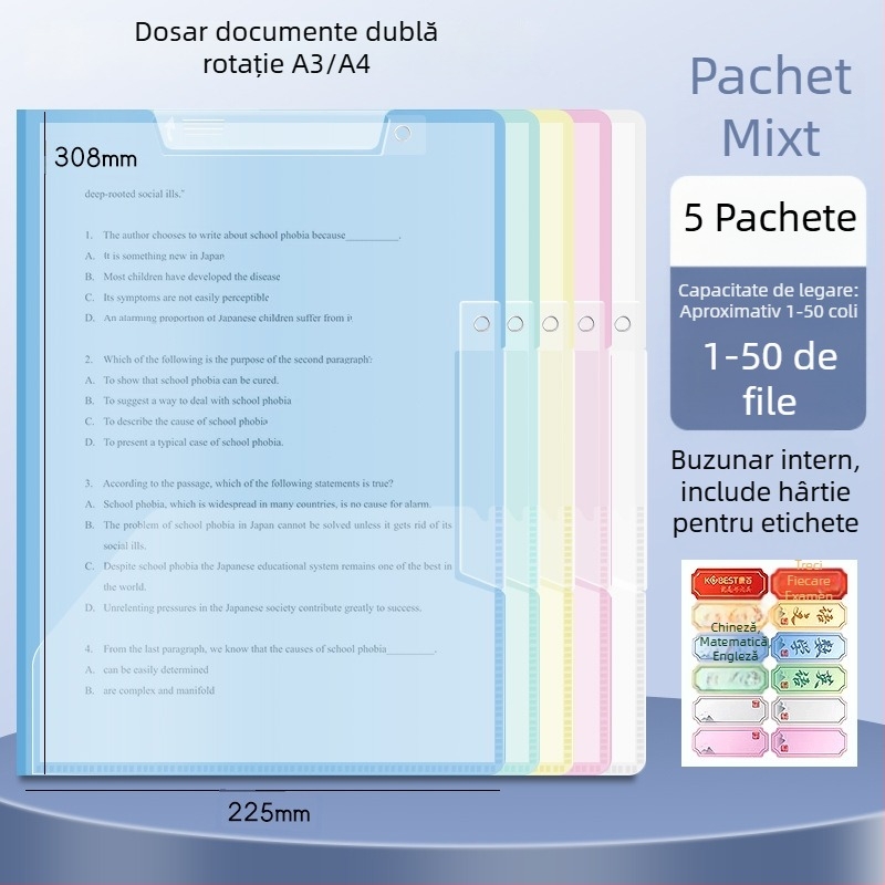 A3 clip dublu rotativ pentru hârtie, dosar A4 pentru depozitare foi, cu închidere laterală