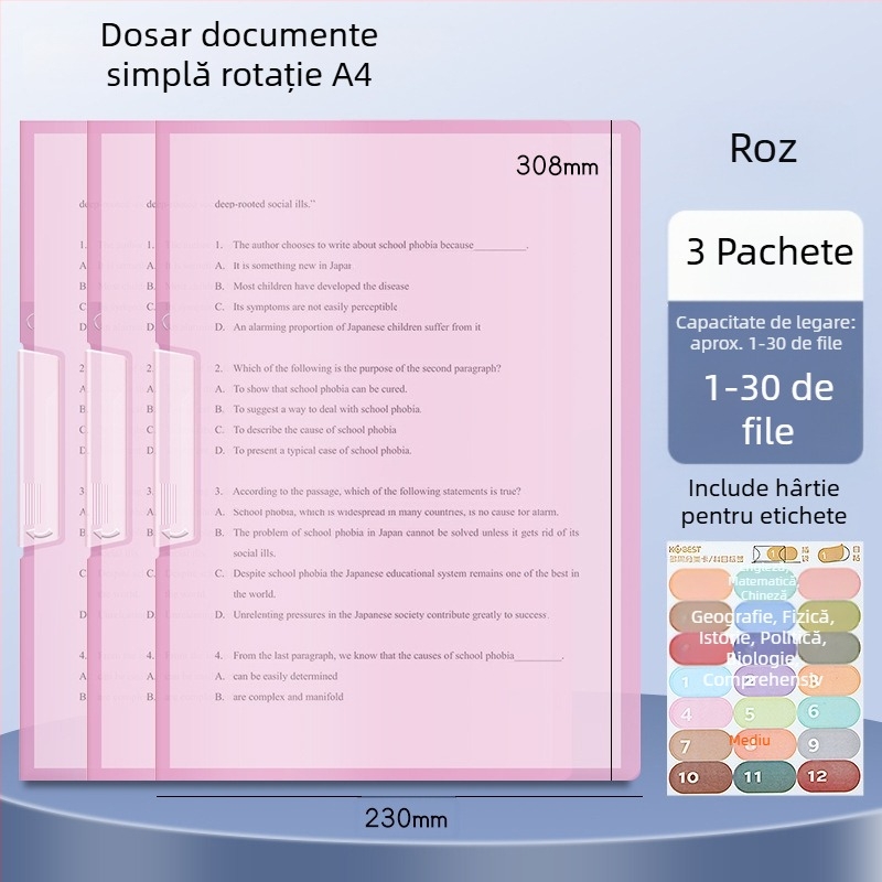 A3 clip dublu rotativ pentru hârtie, dosar A4 pentru depozitare foi, cu închidere laterală