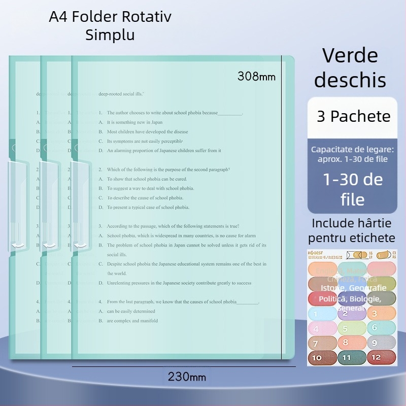 A3 clip dublu rotativ pentru hârtie, dosar A4 pentru depozitare foi, cu închidere laterală