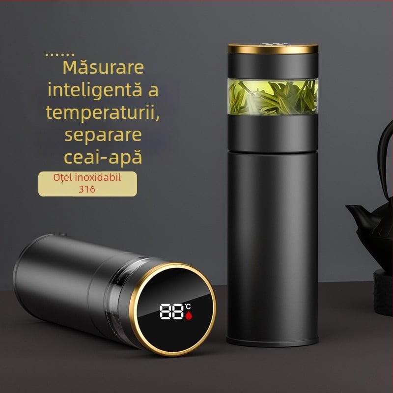 Ceașcă termică izolată cu afișaj inteligent al temperaturii, interior din oțel inox 316, exterior din oțel inox 304, filtru pentru ceai, cadou corporativ
